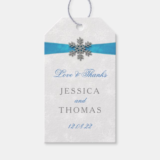 Diamante Snowflake & Blue Ribbon Winter Wedding Geschenkanhänger (Vorderseite)