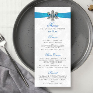 Diamante Snowflake & Blue Ribbon Winter Wedding Menükarte