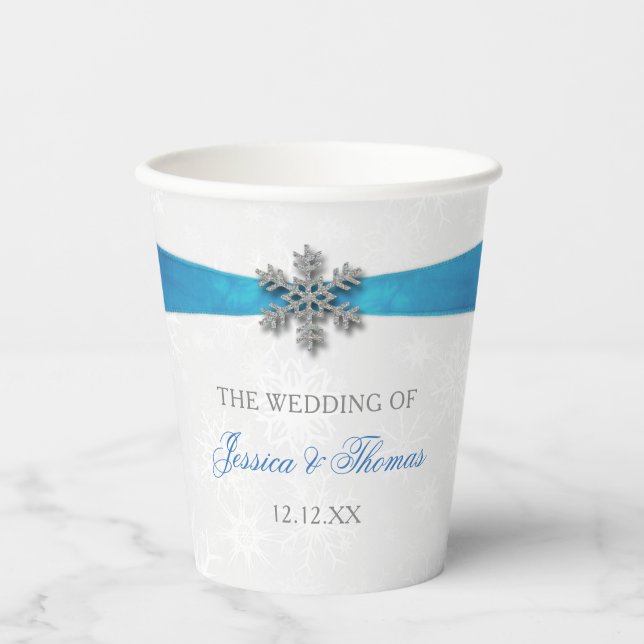 Diamante Snowflake & Blue Ribbon Winter Wedding Pappbecher (Vorderseite)