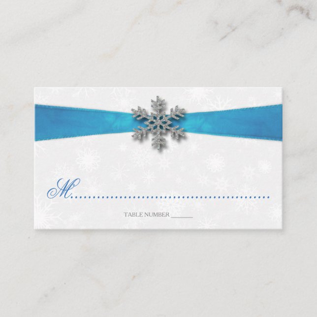 Diamante Snowflake & Blue Ribbon Winter Wedding Platzkarte (Vorderseite)