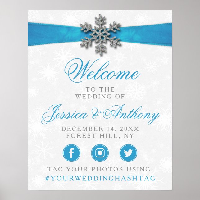 Diamante Snowflake & Blue Ribbon Winter Wedding Poster (Vorne)