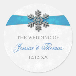 Diamante Snowflake & Blue Ribbon Winter Wedding Runder Aufkleber