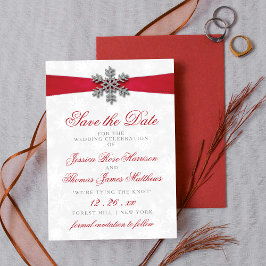 Diamante Snowflake & Red Ribbon Winter Wedding Einladung