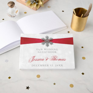 Diamante Snowflake & Red Ribbon Winter Wedding Gästebuch