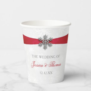 Diamante Snowflake & Red Ribbon Winter Wedding Pappbecher