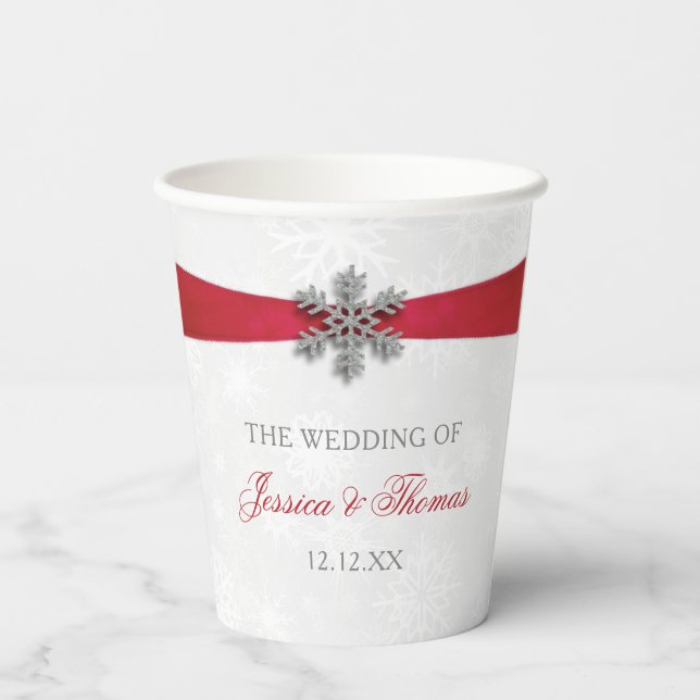 Diamante Snowflake & Red Ribbon Winter Wedding Pappbecher (Rückseite)