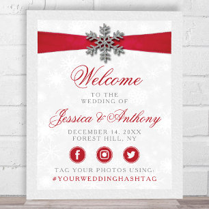 Diamante Snowflake & Red Ribbon Winter Wedding Poster