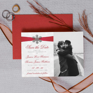 Diamante Snowflake & Red Ribbon Winter Wedding Save The Date