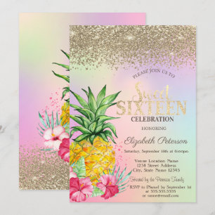 Diamanten, Ananas Hibiskus Holografischer Sweet 16 Einladung