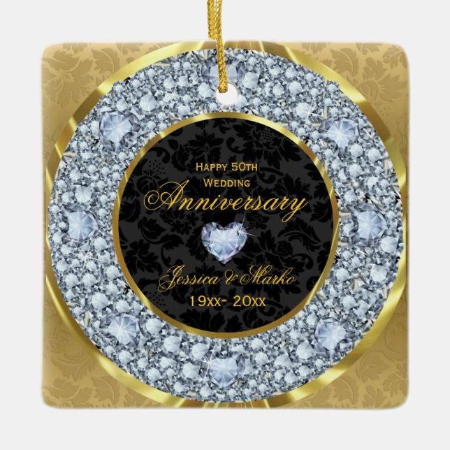 Diamanten, Black & Gold Damask 50 Jahre Keramikornament (Vorderseite)