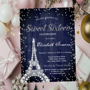 Diamanten Eiffelturm Diamanten Marineblau Sweet 16 Einladung