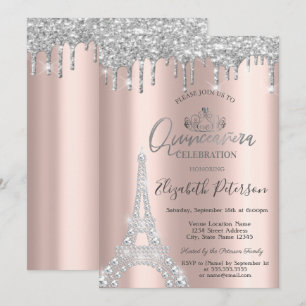 Diamanten Eiffelturm, Tröpfchen Silber Quinceañera Einladung