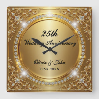 Diamanten & Gold 25. Hochzeitsjubiläum Geschenk Quadratische Wanduhr