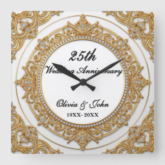 Diamanten & Gold 25. Hochzeitsjubiläum Geschenk Quadratische Wanduhr