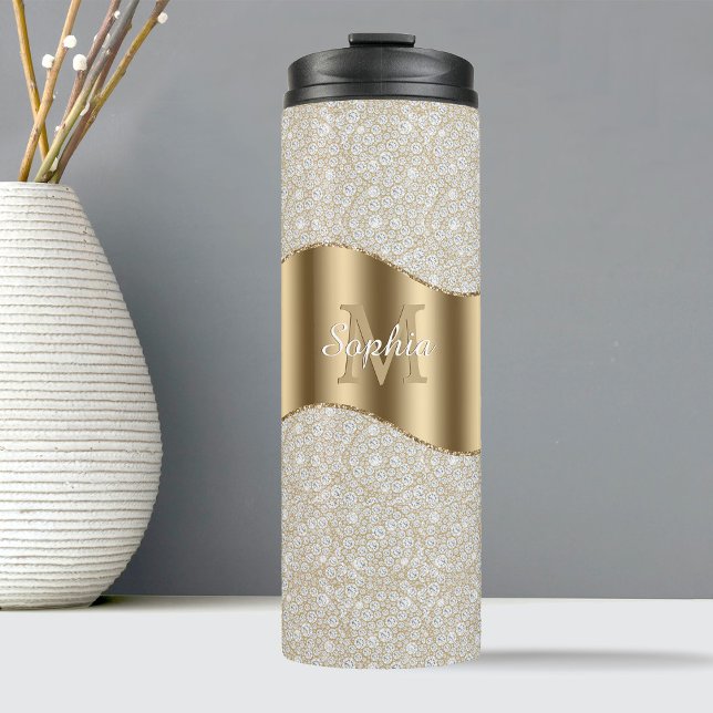 Diamanten, große Gold Monogram, weißer Skriptname Thermosbecher (Von Creator hochgeladen)