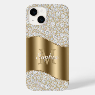 Diamanten, große Goldmonogramm, weißer Skriptname Case-Mate iPhone 14 Hülle
