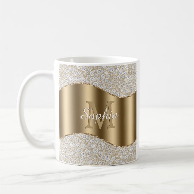 Diamanten, große Goldmonogramm, weißer Skriptname Kaffeetasse (Links)