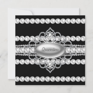 Diamanten Perlen Schwarze Quinceanera-Einladungen Einladung