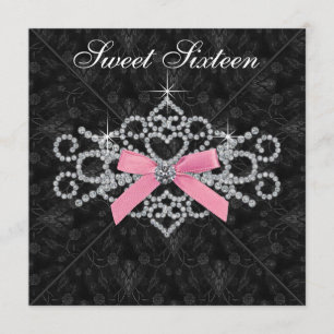 Diamanten Rosa Schwarz Damast Sweet 16 Geburtstags Einladung
