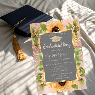 Diamanten Roségold Glitter Sonnenblumen Abschluss Einladung