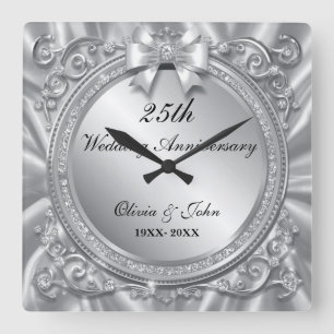 Diamanten & Silber 25. Hochzeitsjubiläum Geschenk Quadratische Wanduhr