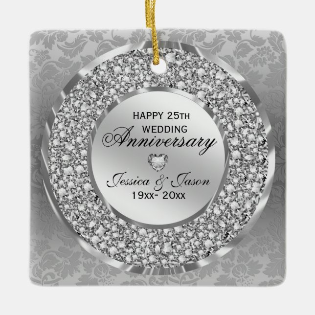Diamanten & Silberring 25. Hochzeitstag Keramikornament (Vorderseite)