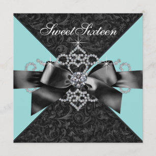 Diamanten Türkis Blau Schwarze Sweet 16 Geburtstag Einladung