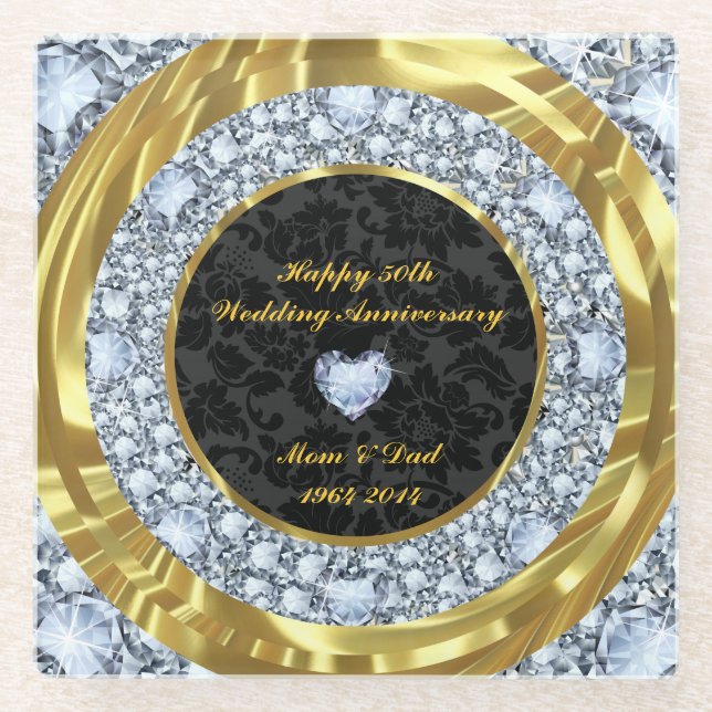 Diamanten und goldene Ringe. Glasuntersetzer (Vorderseite)