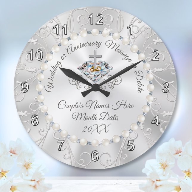 Diamanten und Perlen Personalisierte Hochzeitsuhr Große Wanduhr (Christian Wedding Gift for Bride and Groom. Christian Anniversary Gifts. Any Year. Christian Clock.)