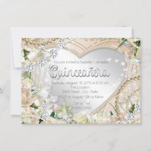 Diamanten und Perlen Weiße Rose Quinceanera Einladung