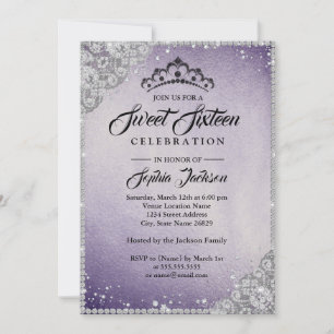 Diamantene Spitze Funkeln Lila Silber Sweet Sixtee Einladung