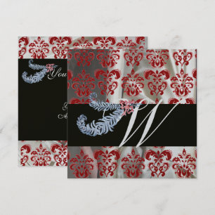 DIAMANTFEDERN ROT SILBER SEIDEN DAMAST MONOGRAMM EINLADUNG