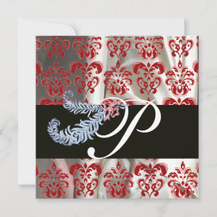 DIAMANTFEDERN ROT WEIßE SEIDEN-DAMAST-MONOGRAMM EINLADUNG