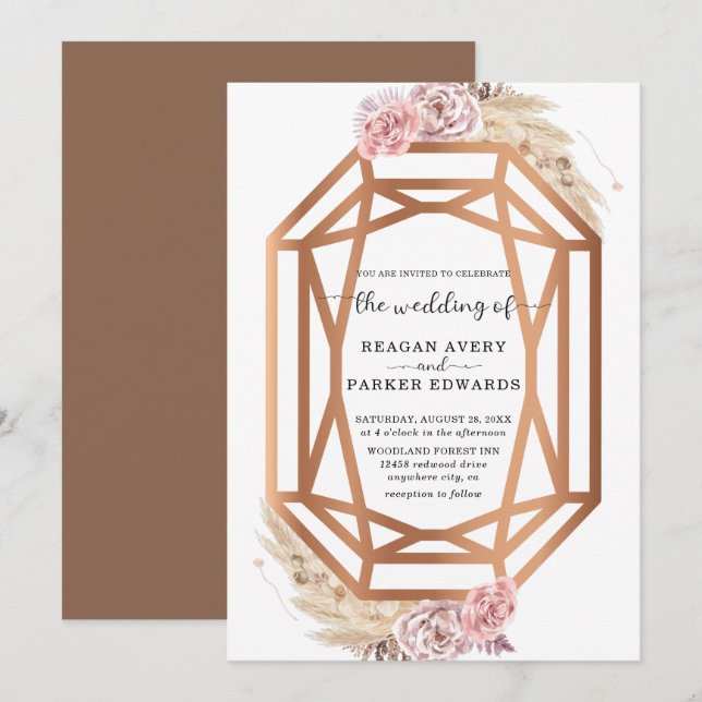 Diamantförmige Pampasgras-Hochzeit Einladung (Vorne/Hinten)