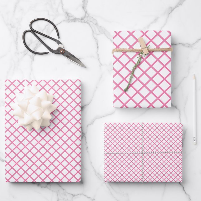 Diamantgitter Fuchsia Pink - Weiß Geschenkpapier Set (Vorderseite)