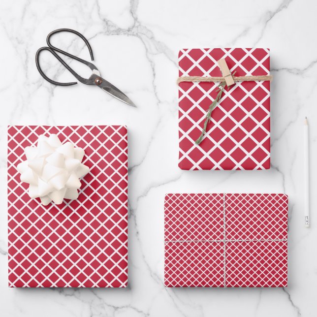 Diamantgitter weiß - Kirschrot Geschenkpapier Set (Vorderseite)