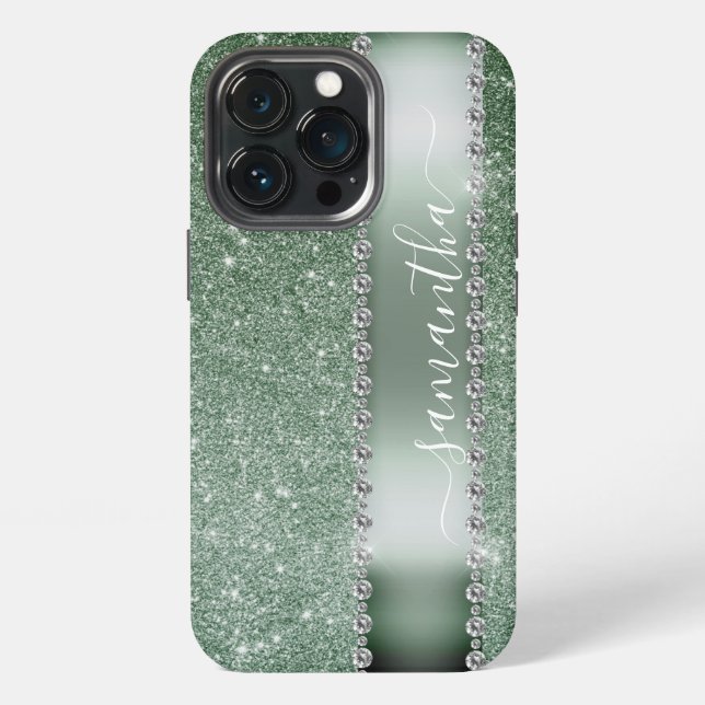 Diamantgrüner Glitter-Calligraphy-Monogramm-Name iPhone Hülle (Hinten)