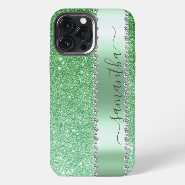 Diamantgrüner Glitter-Calligraphy-Monogramm-Name iPhone Hülle (Rückseite)