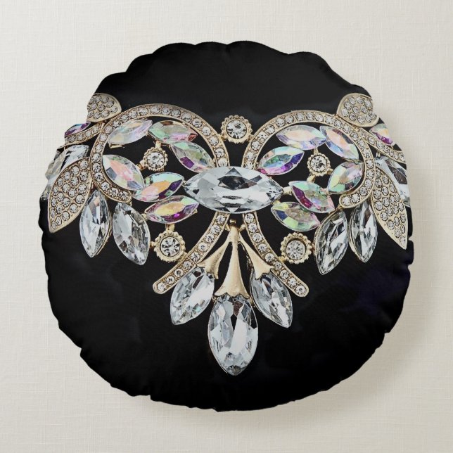 Diamanthalskette schwarzer silberner Kristall Rundes Kissen (Vorderseite)