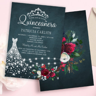 Diamantkleid und Tiara blumengeschmückte elegante Einladung