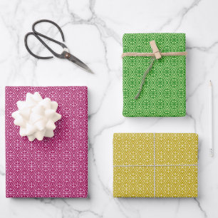 Diamantmuster, Burgund, Grün und Gold Geschenkpapier Set