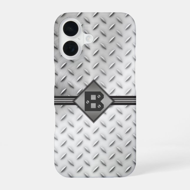 Diamantplatten-Stahl-Monogramm iPhone 16 Hülle (Rückseite)