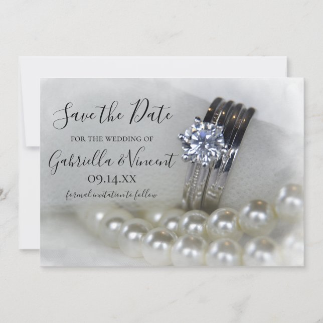 Diamantrings und Perlen Hochzeit Sichern Sie das D Save The Date (Vorderseite)