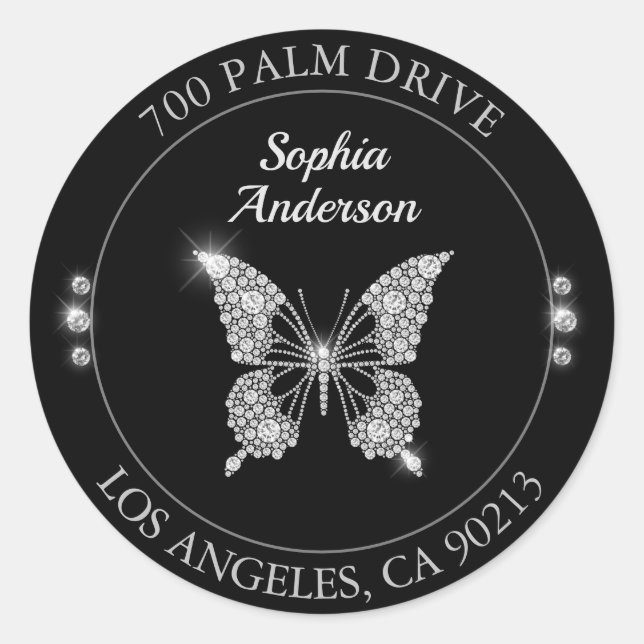 Diamantschmetterling, Rücksendeadresse, Schwarzer  Runder Aufkleber (Vorderseite)