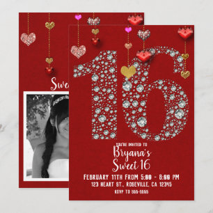 Diamond 16 Valentiner's Hearts Birthday Party Foto Einladung