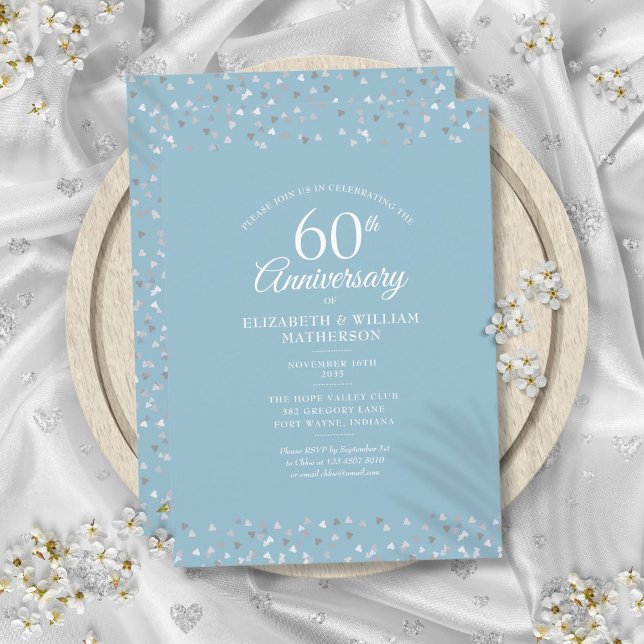 Diamond 60. Hochzeitstag Herts Confetti Einladung (Diamond 60th Wedding Anniversary Hearts Confetti Invitation)