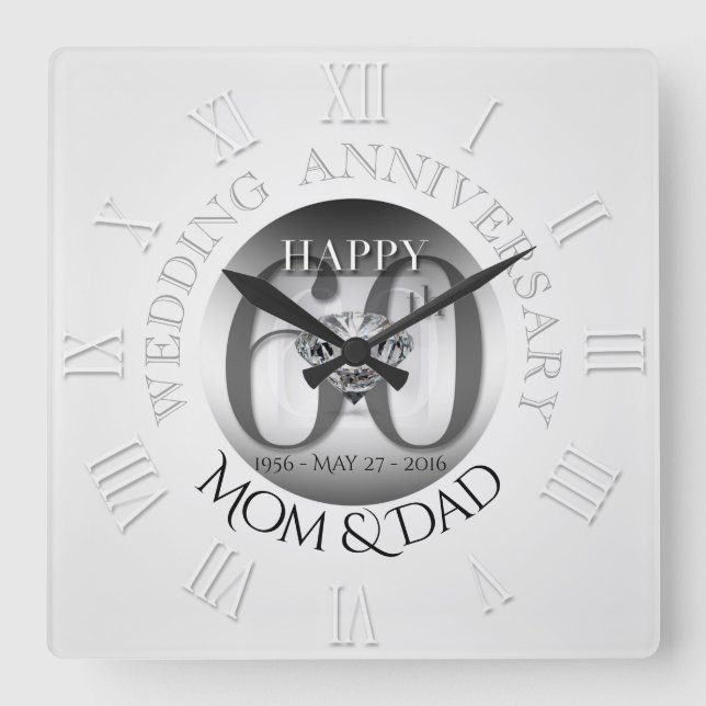 Diamond 60 th Wedding Anniversary Clock Roman N Quadratische Wanduhr (Vorderseite)