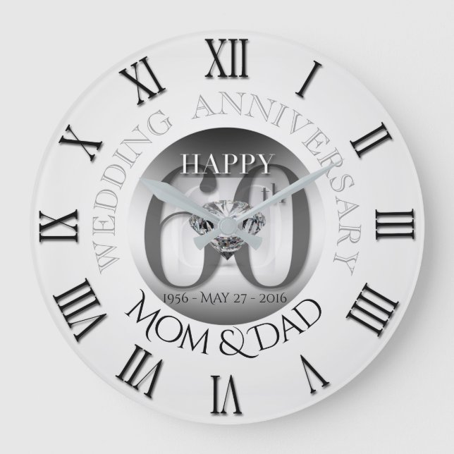 Diamond 60 th Wedding Anniversary R Clock B Roman  Große Wanduhr (Vorderseite)