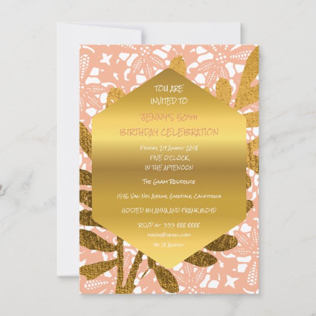 Diamond Birthday Peach Pastel Gold Leaf Lace Einladung (Vorderseite)
