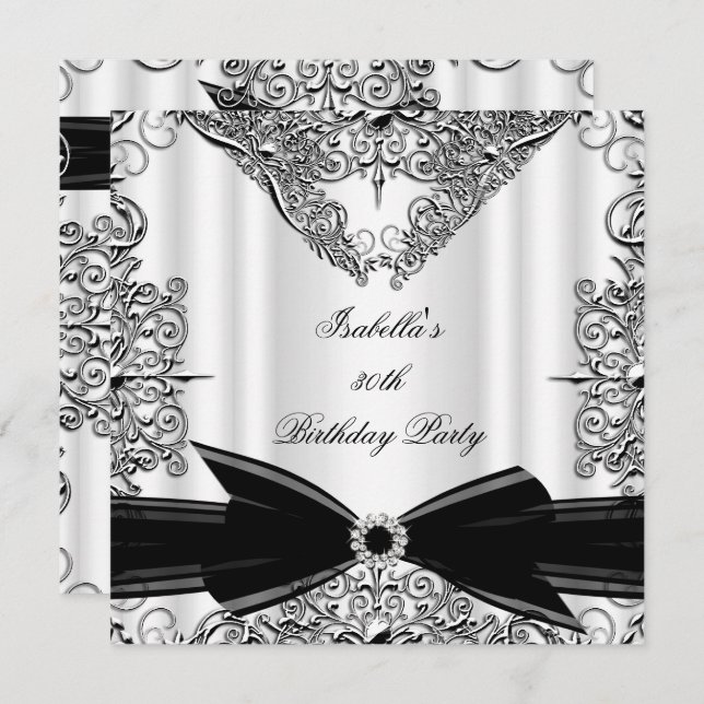 Diamond Black Bow Silver Birthday Party Einladung (Vorne/Hinten)